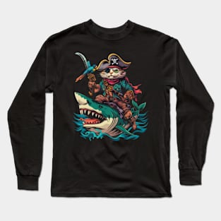 Cat Riding Shark Marine Thrill Ride Long Sleeve T-Shirt